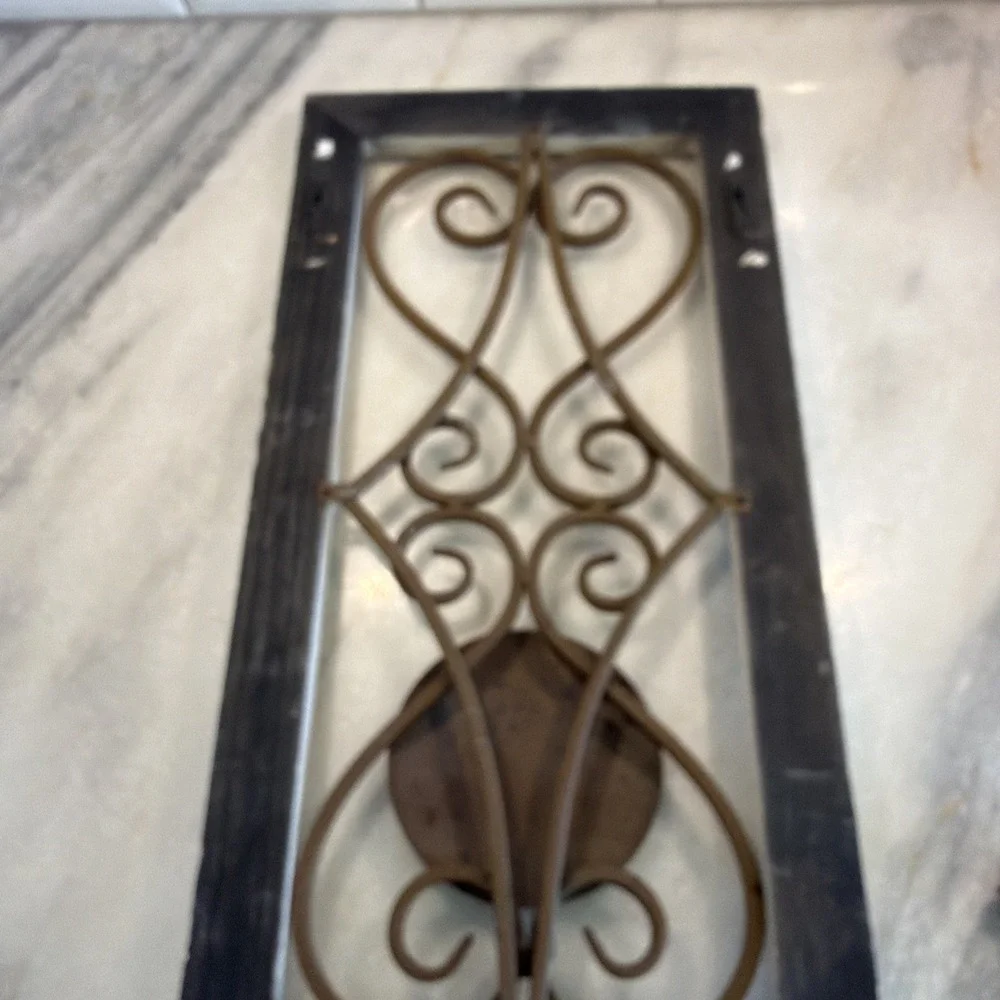 Rustic Farmhouse Wood Frame Wall Decor Metal Scroll Window Candle Or Plant Hold
